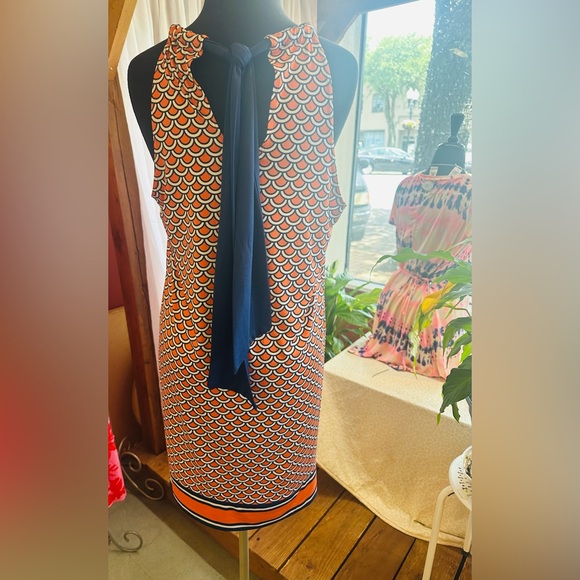 MudPie Womens Dress Natalie Bow Shift Halter Orange Blue Summer Size Medium 8-10 - Picture 2 of 4